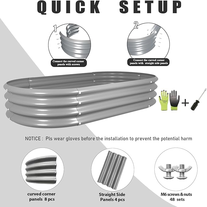 4 Pack 4x2x1FT Galvanized Raised Garden Bed Kit Oval Metal Ground Planter Box Outdoor Bottomless Planter Raised Beds for Vegetables Flowers Herbs Fruits, Gray