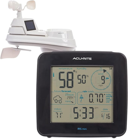 AcuRite Iris Weather Station with Mini Wireless Display for Temperature, Humidity, Wind Speed, Wind Direction, Historic Rainfall Totals, and Hyperlocal Forecast with Built-in Barometer (01122M)