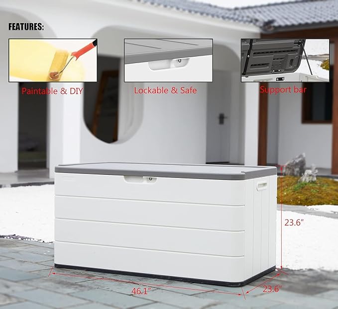 100GAL-White，European Style Small Cabinet - White Waterproof Resin Storage Bin for Patio Cushions，Accessories，UV Resistan