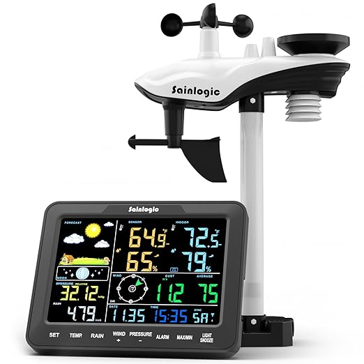 Sainlogic Home Weather Station with Weather Stations Wireless Indoor Outdoor and Rain Gauge Outdoor for Temperature,Humidity,Pressure,Moon Phase,Alarm Clock,Forecast for Bedroom,Black(No WiFi)