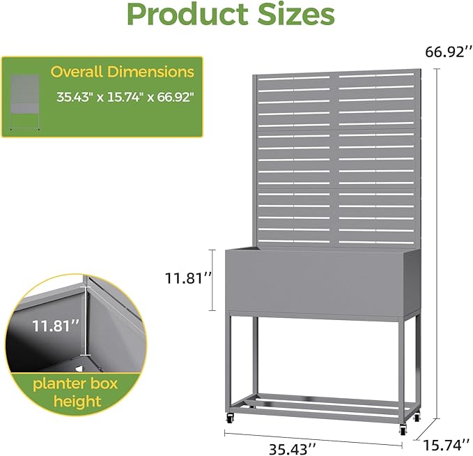 Metal Planter Box with Trellis, 3 in 1 Raised Garden Bed with Trelli & Firewood Rack, Privacy Planter Screen for Climbing Plants, Vine, Outdoor Garden Standing Beds with Drainage Holes, Wheels,Grey