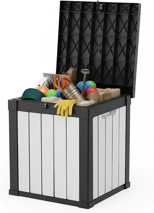 50 Gallon Resin Deck Box with Lockable Lid - Outdoor Waterproof Storage for Patio Furniture, Garden Tools, Cushions & Pool Accessories, Wood Grain Design, All-Weather Durable