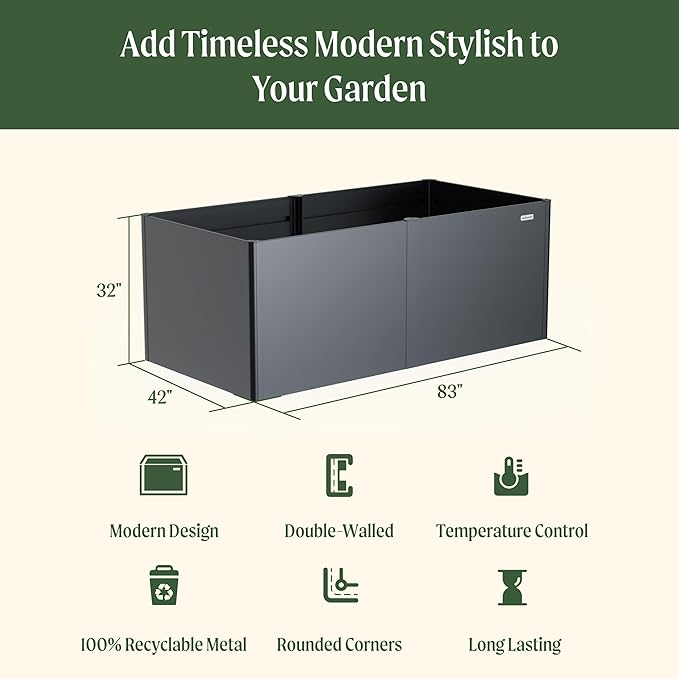 Vego garden 32" Extra Tall Raised Garden Bed Kit, 42" x 83" Modern Raised Garden Beds, Metal Planter Box for Vegetables Flowers Fruits, Urban Charcoal