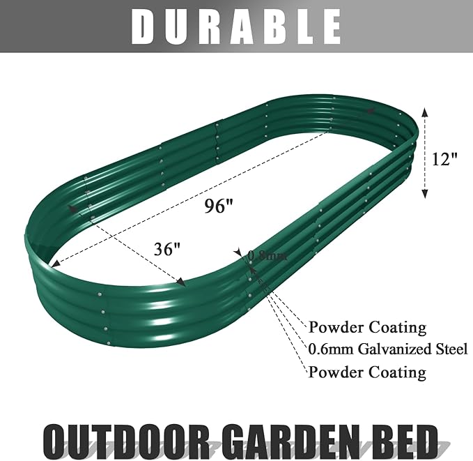 6 Pack 8x3x1FT Galvanized Raised Garden Bed Kit Oval Metal Ground Planter Box Outdoor Bottomless Planter Raised Beds for Vegetables Flowers Herbs Fruits, Green