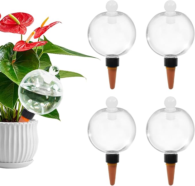 4pcs Plant Self Watering Globes with Covers, Plastic Water Bulbs Top Fill, Plant Watering Devices System Slow Release Terracotta, Water Spikes Stakes for Indoor (4)