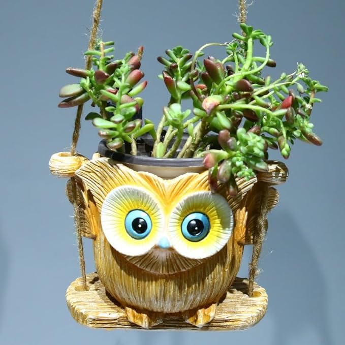 Hanging Planter for Indoor/Outdoor Plant - Swinging Animal Planter Pot for Succulents, Small Plants (Animal Home Decor) (Lemon Yellow owl)