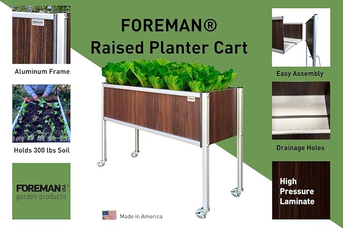 Foreman Raised Garden Bed 36”Lx12”Wx27”H Premium HPL Plastic Wood Grain Aluminum Legs with Lockable Wheels Elevated Planter Box for Backyard Patio Balcony, Tosca