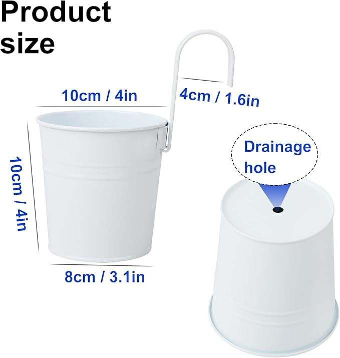 20 Pack 4 Inch Railing Hanging Planter, White Small Hanging Bucket Planters, Metal Hanging Flower Pots, Metal Railing Bucket for Outdoor, Balcony, Fence, and Porch with Detachable Handles