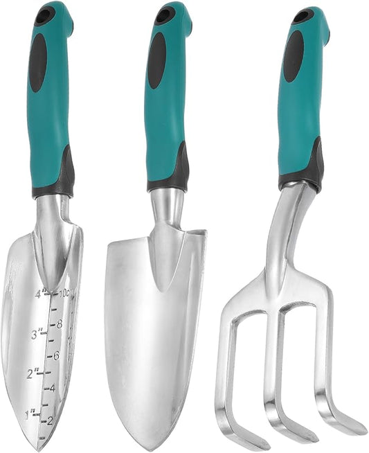 HARFINGTON 3pcs Garden Tools Set Metal Garden Hand Shovels and Hand Rake Tools Kit for Gardening Planting Weeding, Blue