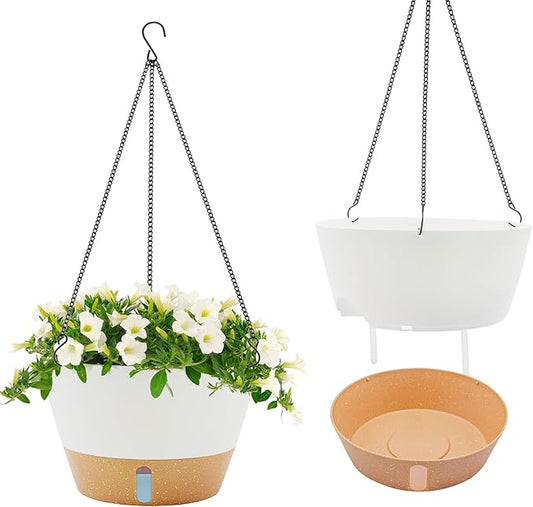 ZMTECH 12 Inch Hanging Planters for Indoor, 2 Pack Large Hanging Plant Pot with Visible Water Level and Chain, Self Watering Hanging Flower Pot for Outdoor Garden Porch(White)