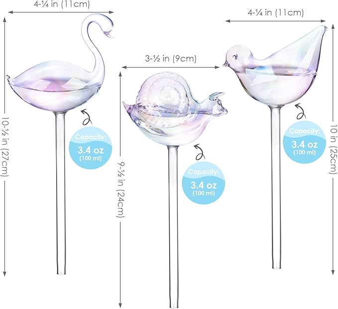 NiHome Glass Plant Self Watering Bulbs 3-Pack Iridescent Pearl Home Potted Planter Watering Bulbs Insert Decorative Devices Vacation Automatic Watering Spikes Indoor and Outdoor (Swan, Snail & Bird)