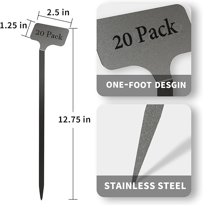 Stainless Steel Plant Labels, Metal Waterproof Plant Markers,Height 12.75 in, Label Area 2.5 in*1.25 in resuable Nursery Tags for Vegetables herb Flower Seed Green House- 20-Pack