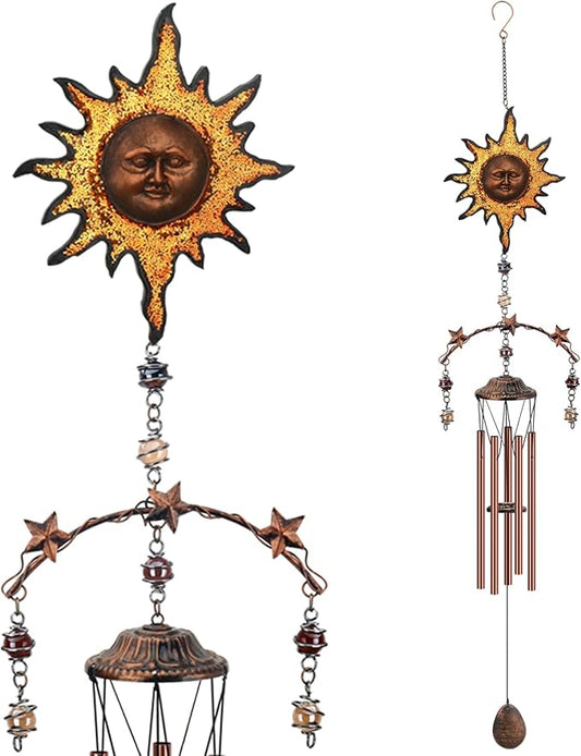 Yellow Sun Wind Chime - Wind Chimes for Outside Deep Tone 34 inches 5 Aluminum Tubes, Thanksgiving, Christmas, Birthday Gifts for Dad, Grandpa, Son, Decoration for Home, Garden, Patio, Backyard
