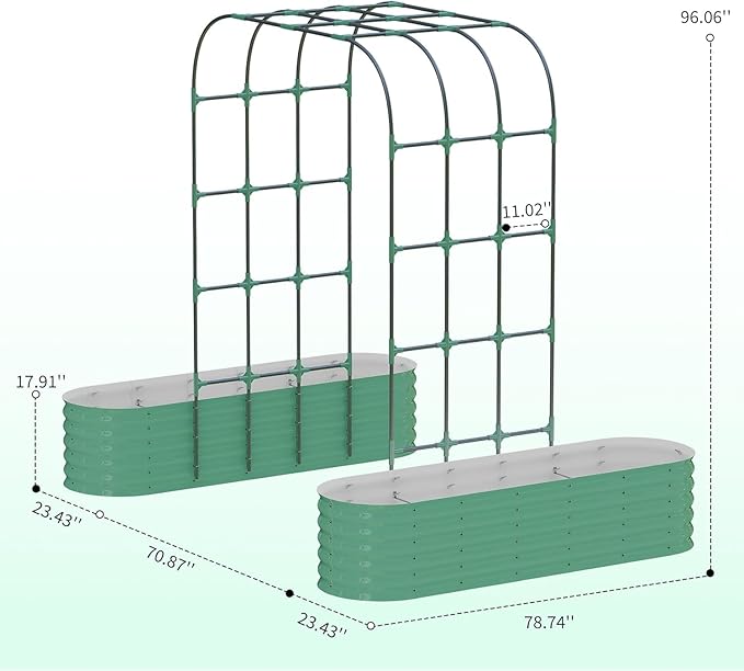 Galvanized Raised Garden Bed with 96" Vertical Arch Trellis, Expandable Outdoor Planter Box with Dual Sections, Rust-Resistant Garden Bed for Flowers, Herbs, Vegetables, Vines, Green
