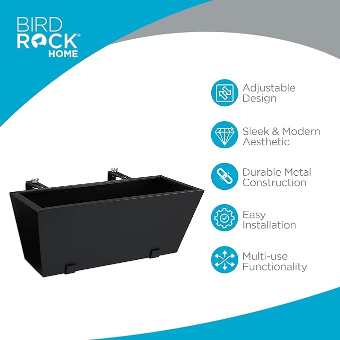 BIRDROCK HOME 2pk Metal Railing Planter Box | Flower Boxes for Deck Railings | Adjustable Rail Hanging Bracket | Black Balcony Boxes | House Apartment Plant Pot