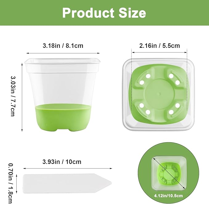 24 Pack 3 Inch Square Plastic Nursery Pots, Clear Plant Pot with Soft Silicone Base for Easy Transplant, Flower Pots with Drainage Holes, Reusable Seedling Pots