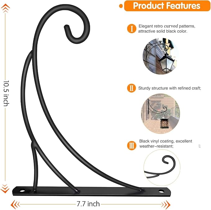 Hanging Plant Brackets, Pack of 4 Iron Hanging Basket Bracket Durable Weather-Resistant Outdoor Plant Hooks for Hanging Plant Lantern Windchime Birdhouse Metal Sign Fruit Bracket, Screw Included