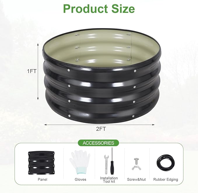 Galvanized Raised Garden Bed- 2Pcs Metal Planter Boxes Outdoor | 12" Tall 24" Round Steel Raised Bed Kit & Fire Pit Ring for Gardening with Protective Tape for Vegetables, Flower (Grey)
