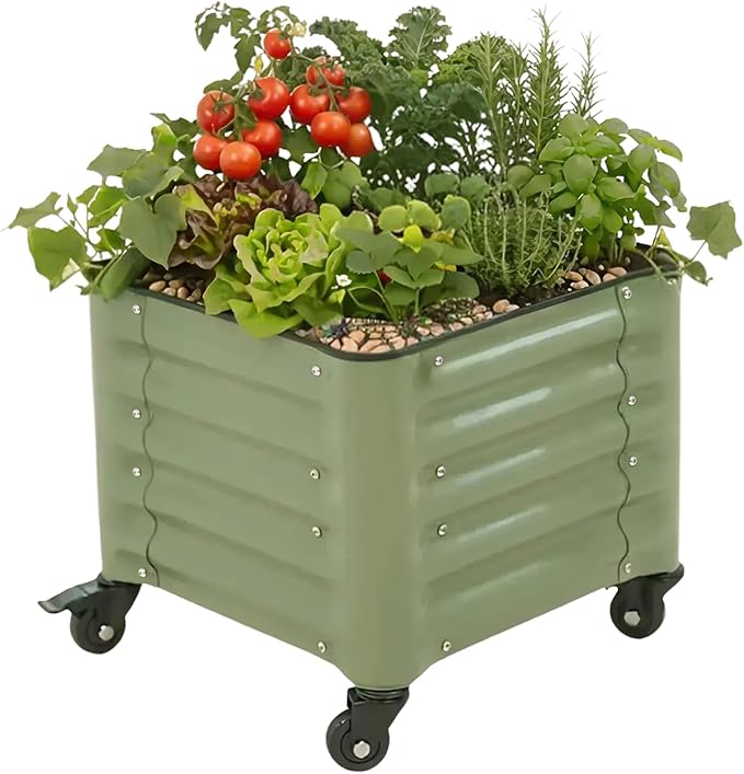 Vego garden Classic Rolling Garden Bed – 1.75' Mobile Metal Raised Garden Bed for Patio, Deck, Balcony – Deep Planting Space, Durable & Easy to Move (Olive Green, 1.75'X1.75')