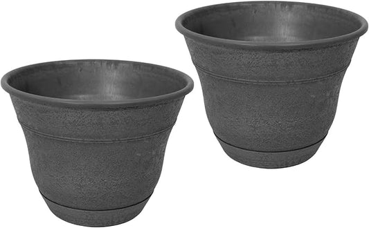Bernini FirmaStone 15" Self-Watering Planters, Set of 2 – Durable Indoor/Outdoor Pots with Drainage Plug & Built-in Reservoir – Lightweight Garden Planters for Patio, Porch, Balcony (Black)