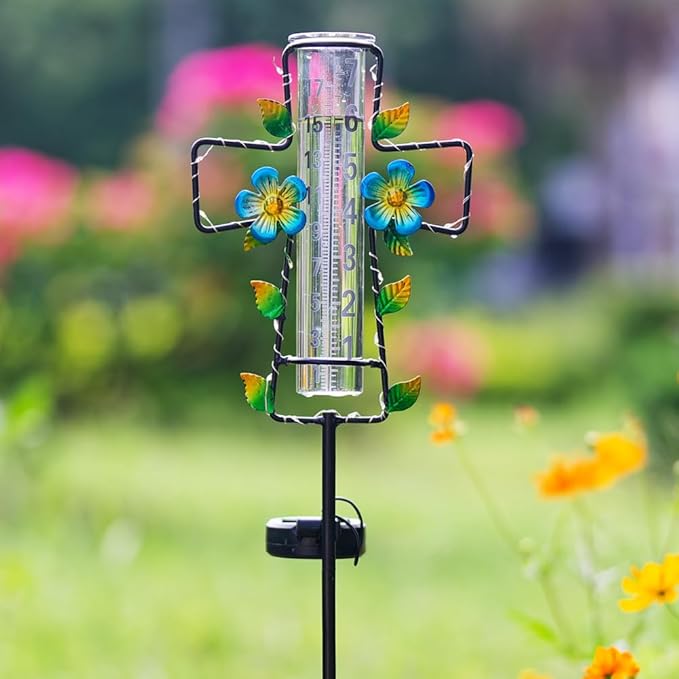Solar Rain Gauge Outdoor with LED Lights,7” Glass Tube Rain Gauge Yard Decorative,Cross Rain Guage Freeze Proof for Garden Patio Lawn