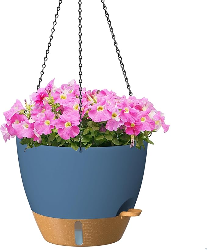 ZMTECH 12 Inch Hanging Planters for Indoor Plants & Outdoor, Self-Watering Hanging Pots with Drainage Holes, Visual Reservoir, Plastic Hanging Baskets for Outdoor Garden Home Decor, Blue