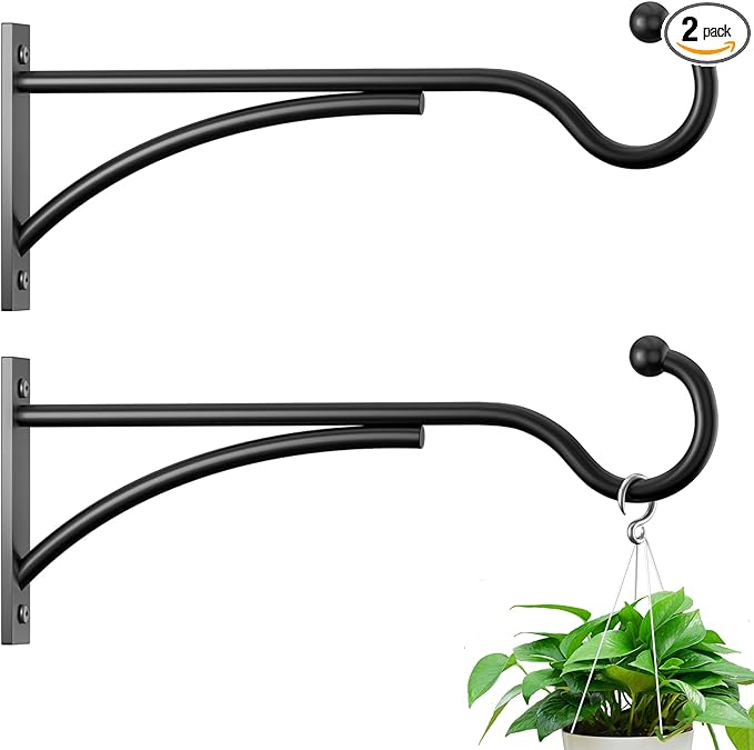 11 Inch 2 Pack Outdoor Plant Hanging Hooks for Wall:Metal Bracket for Hanging Baskets, Bird Feeders, Wind Chimes, Flower Baskets, Yoga Mat, Lanterns, Black