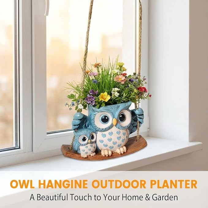 Swing Owl Hanging Planter for Indoor Plants, Cute Small Succulent Pot with Drainage Hole, Unique Resin Hanging Plant Hangers for Outdoor Decor, Plant Holder for String of Pearls, Gift Ideas for Mom