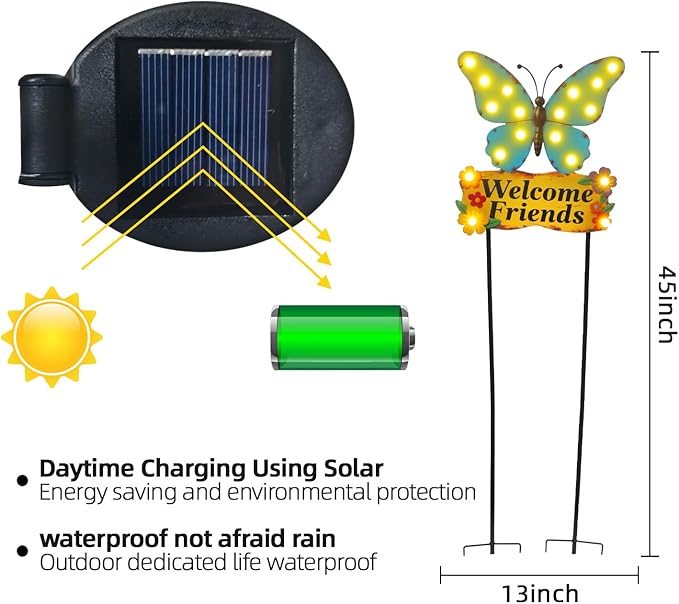 Decorative Garden Stakes Large 45" with 18 Bulbs Solar String Lights Outdoor Waterproof, Butterfly Solar Lights for Outside with Welcome Friends Garden Sign for Yard, Patio, Pathway