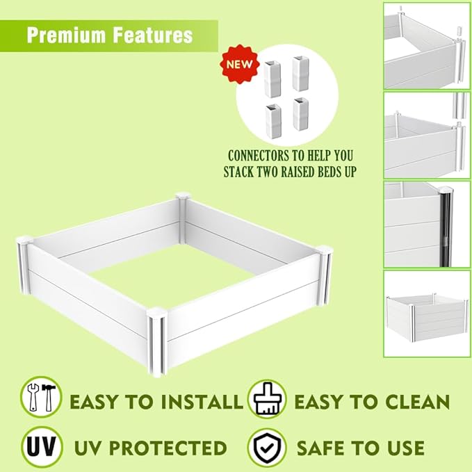 4'x4' White Vinyl Raised Garden Bed Kit, Outdoor Above Ground Garden Box for Growing Vegetables, Flowers, Herbs, DIY Gardening, Whelping Pen and More