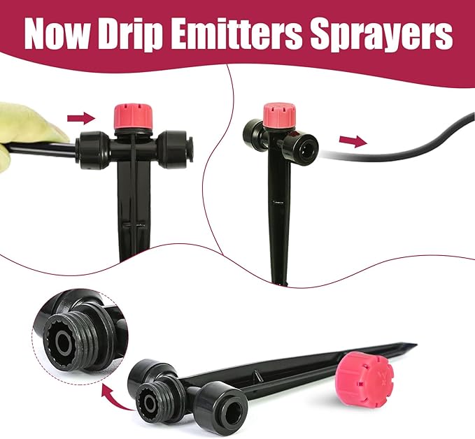 HOINCO 28 Pcs Drip Irrigation Emitters,Adjustable 8 Hole Water Flow Drip Irrigation Sprinklers,for 1/4 inch Irrigation Tubing,Garden Watering Drip Irrigation System Parts. (RED)