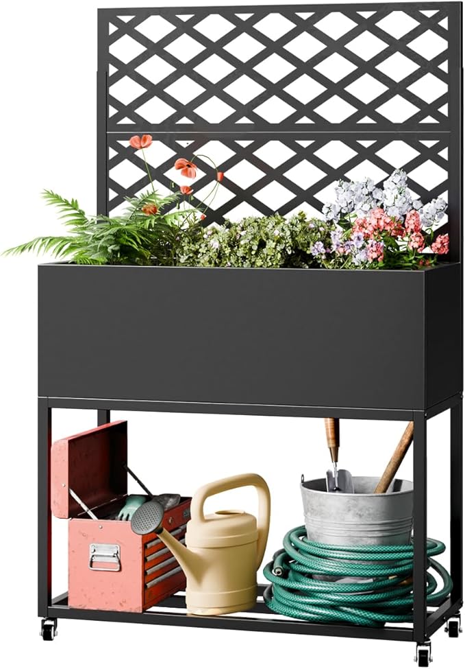 Metal Planter Box with Trellis,55" H x35 W Raised Garden Beds with Privacy Screen for Climbing Plants Flower, Elevated Standing Planter Garden Bed with Drainage Holes for Outdoor Patio,Black