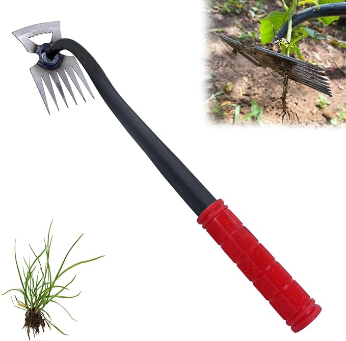 [2025 New Upgraded] 2 in 1 Weed Puller Tool with Long Handle, Heavy Duty Garden Weeder Tool for Vegetable Gardening Backyard Farm Planting & Weeding (Rubber Handle)