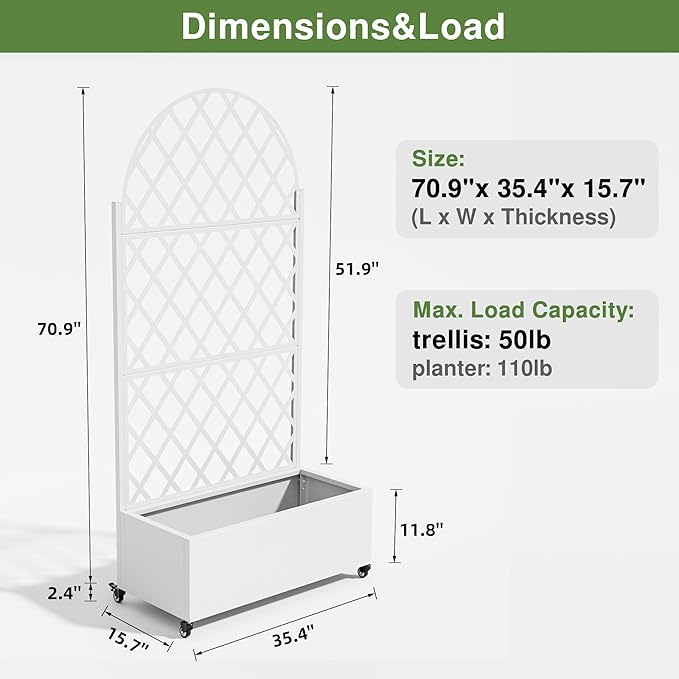 Casaphoria Metal Raised Garden Bed with Trellis and Wheels, 72"x35"x16" Arched Planter Box for Climbing Plants, Vegetables & Vines, Features Drainage Holes and Privacy Screen (White-Laurence)