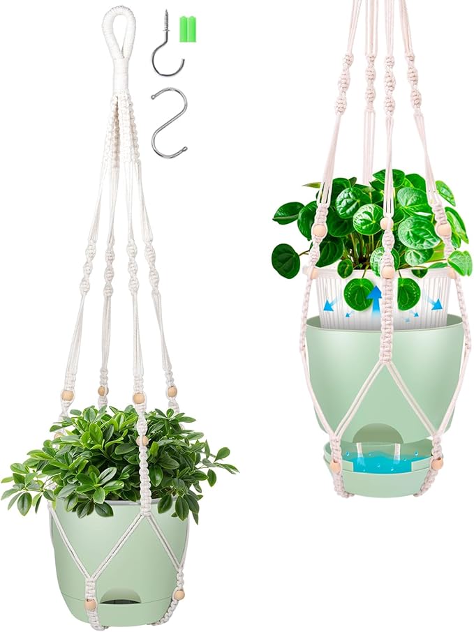 2-Pack 5.7-Inch Self-Watering Hanging Planters for Indoor & Outdoor Plants,34Inch Macrame Hanger Plant Pots Indoor with Drainage,Small Hanging Planters & Baskets,With Two Sets of Hooks（Pure green）
