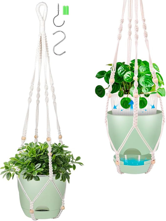 2-Pack 5.7-Inch Self-Watering Hanging Planters for Indoor & Outdoor Plants,34Inch Macrame Hanger Plant Pots Indoor with Drainage,Small Hanging Planters & Baskets,With Two Sets of Hooks（Pure green）
