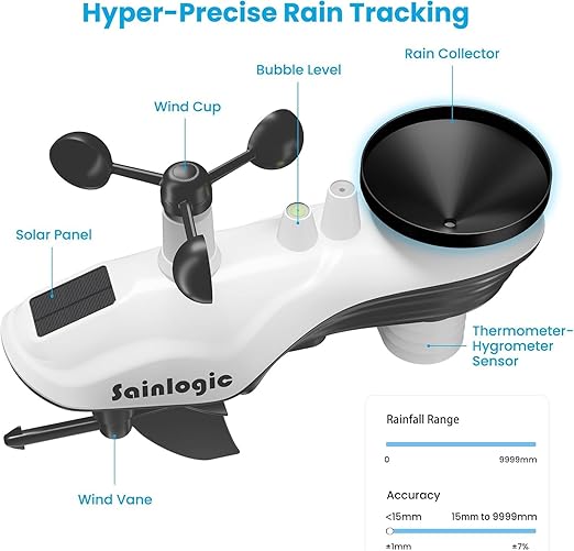 Sainlogic Weather Stations Wireless Indoor Outdoor SA6, Weather Station with Rain Gauge and Wind Speed, Weather Forecast, Temperature, Air Pressure, Humidity, Moon Phase, Alarm Clock(No WiFi)