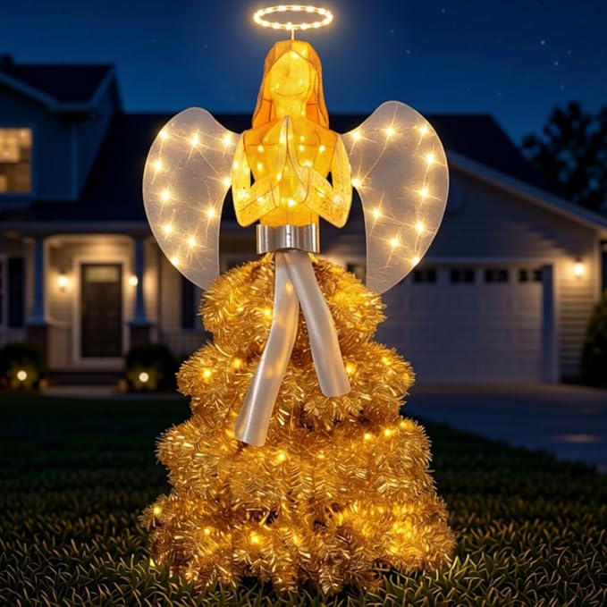 Large Lighted Angel Outdoor Statue for Yard & Garden, Weatherproof LED Decorative Angel for Patio, Lawn & Holiday-Style Outdoor Decor, Gold