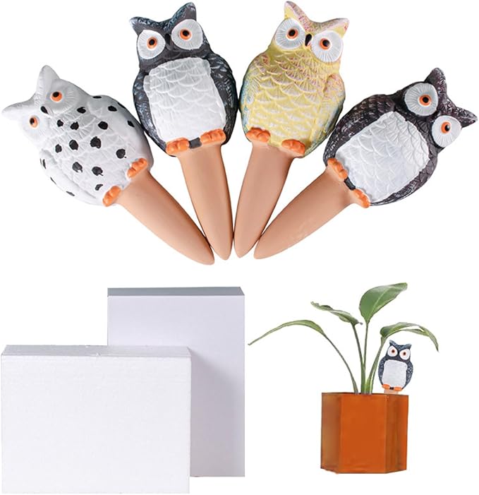 4 Pack Plant Watering Devices, Owl Shape Terracotta Watering Stakes, Vacation Self Watering Planter Insert, Large Self Watering Globes for Indoor Outdoor Plants