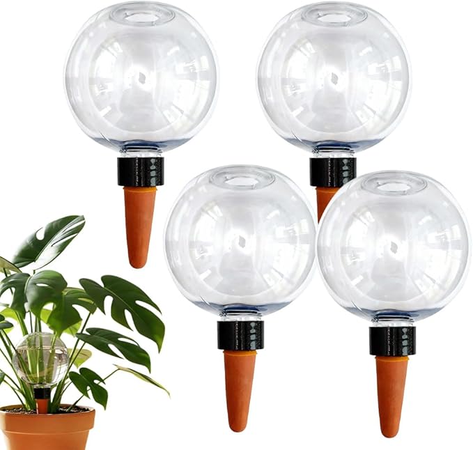 Self-Watering Globes for Indoor Plants, Clear Glass Automatic Watering Planter Insert, Self-Watering System Spikes for Release Terracotta Planter, Watering Bulbs with Slow Release (4PCS)