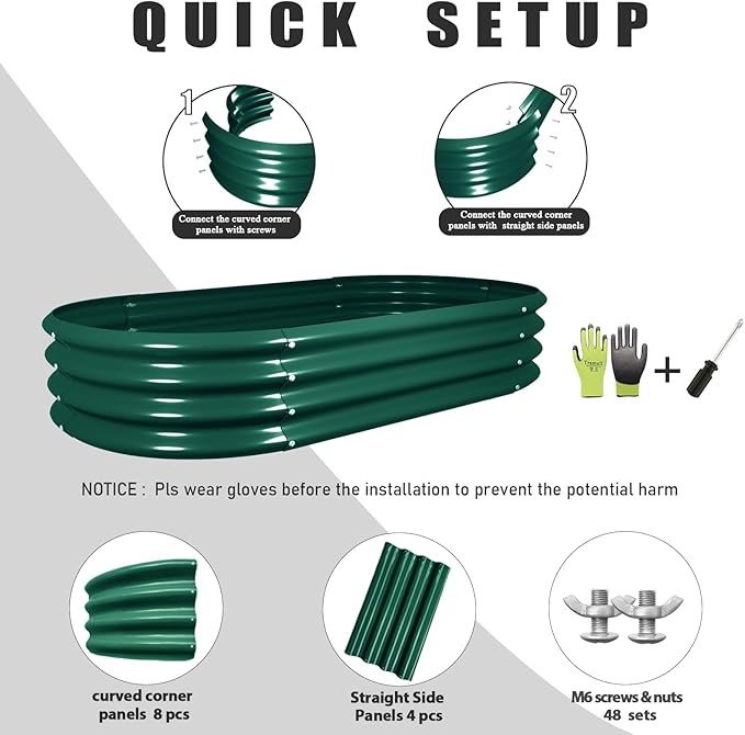 6 Pack 4x2x1FT Galvanized Raised Garden Bed Kit Oval Metal Ground Planter Box Outdoor Bottomless Planter Raised Beds for Vegetables Flowers Herbs Fruits, Green