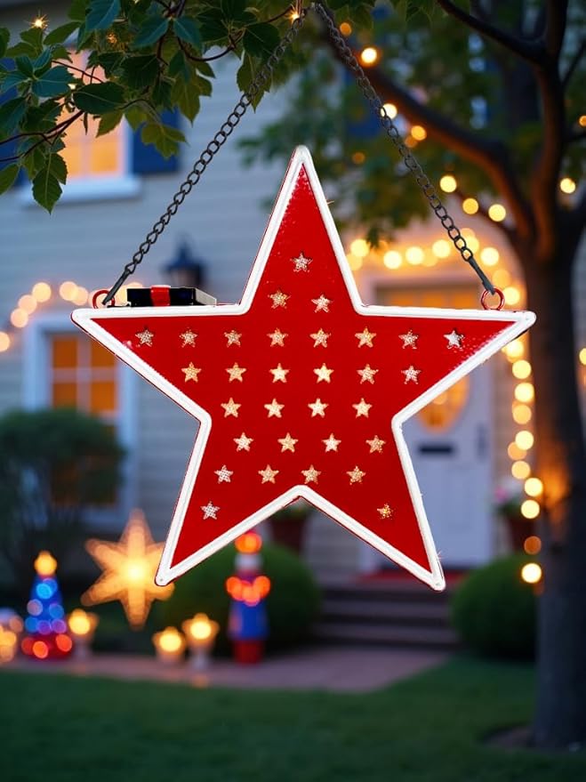 Star Solar Light Patriotic Decor for Outdoor-Garden,Patio,Tree,July 4th Country Star Indoor/Outdoor Memorial Day Decoration,Red