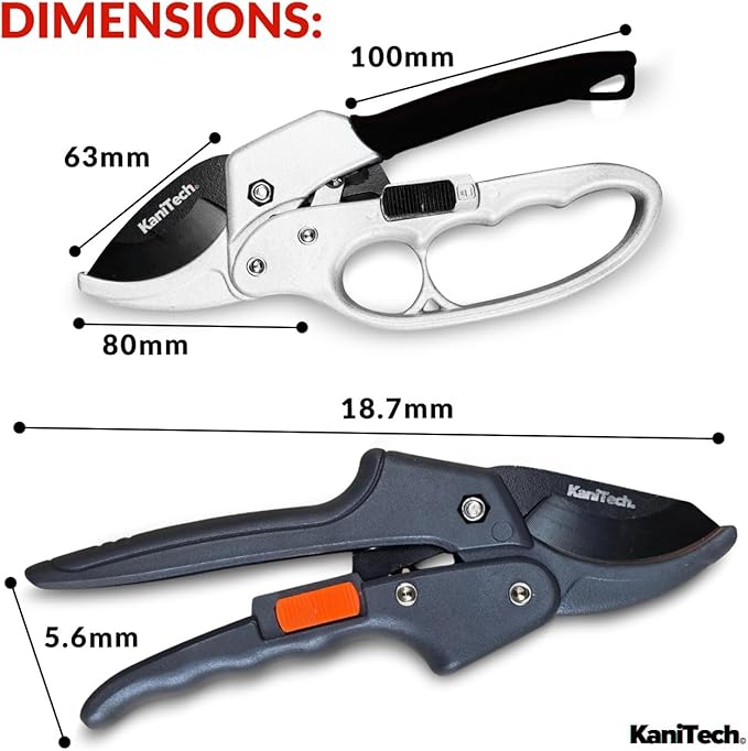 KaniTech Pruning Shears for Gardening with Gloves - Heavy Duty Garden Shears, Aluminum Hand Pruners with TPR Grip Handle, 8 inch 3.55mm Thick Blade - for Branches, Flowers & Plants (Black Set of 2)