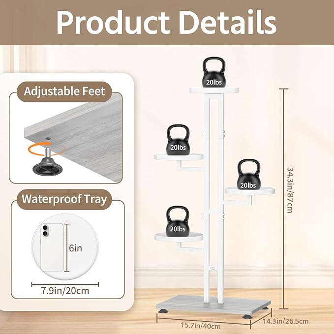 LASZOLA White 4 Tiered Plant Stand Indoors Heavy Duty Metal Rack, Sturdy Multi Level Shleving Hold Flowers, Larger House Decorate Ladder for Planting Inside Tree Herb Cactus, Wooden Base, Space Saving