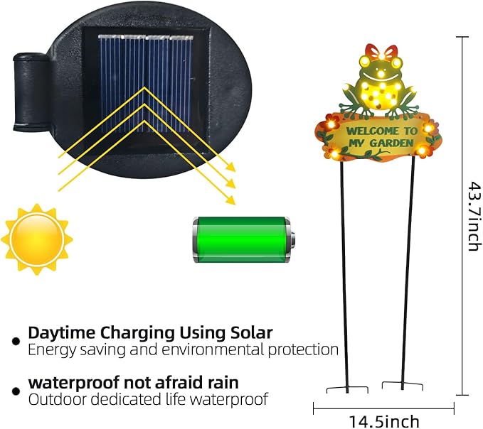 Frog Solar Lights Outdoor Garden 43.7" with 18 Bulbs Solar Powered String Lights, Large Welcome to My Garden Green Yard Stakes for Pathway, Lawn, Patio, Outdoor Decor
