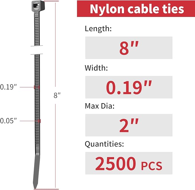 8 Inch Brown Zip Ties (2500 Pack), 65 LBS Tensile Strength, Self-Locking Nylon PA66 UV Resistant Cable Ties for Indoor and Outdoor Use