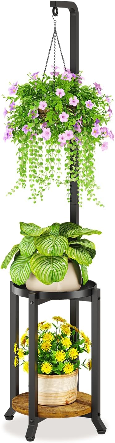 LASZOLA Black 2 Tier 61.5 Inch Tall Plant Stand Indoor with Hanging Ring, Large Heavy Duty Metal Vertical Corner Rack for Multiple Planter, Sturdy Rustic Flower Shelf Holder Organizer for House Patio