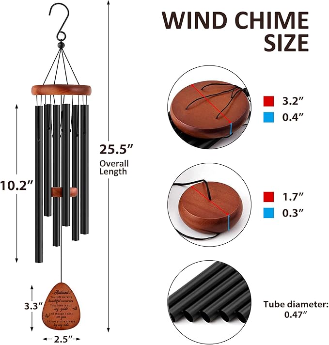 Memorial Gifts for Loss of Husband,Memorial Wind Chimes 25'', Loss of Husband Sympathy Gifts, Home Decor Outdoor Garden, Soothing Melodic Tones with Mute Option