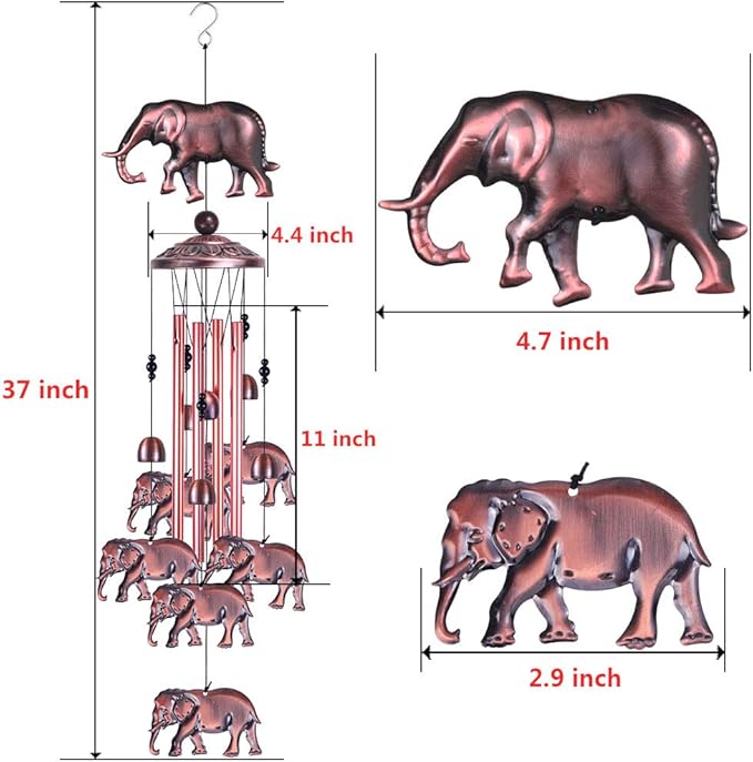 Garden Elephant Wind Chimes Outdoor Indoor Decor - With 4 Tubes 6 Bells 7 Elephants Wind Chime, Mobile Wind Catcher, Elephant Windchimes for Home, Mom Gifts, Balcony, Tree, Festival, Garden Decoration