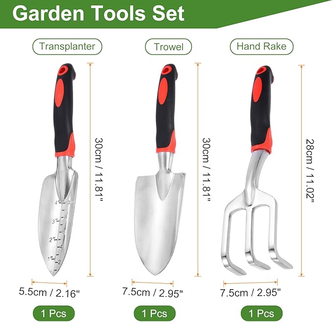 HARFINGTON 3pcs Garden Tools Set Metal Garden Hand Shovels and Hand Rake Tools Kit for Gardening Planting Weeding, Red